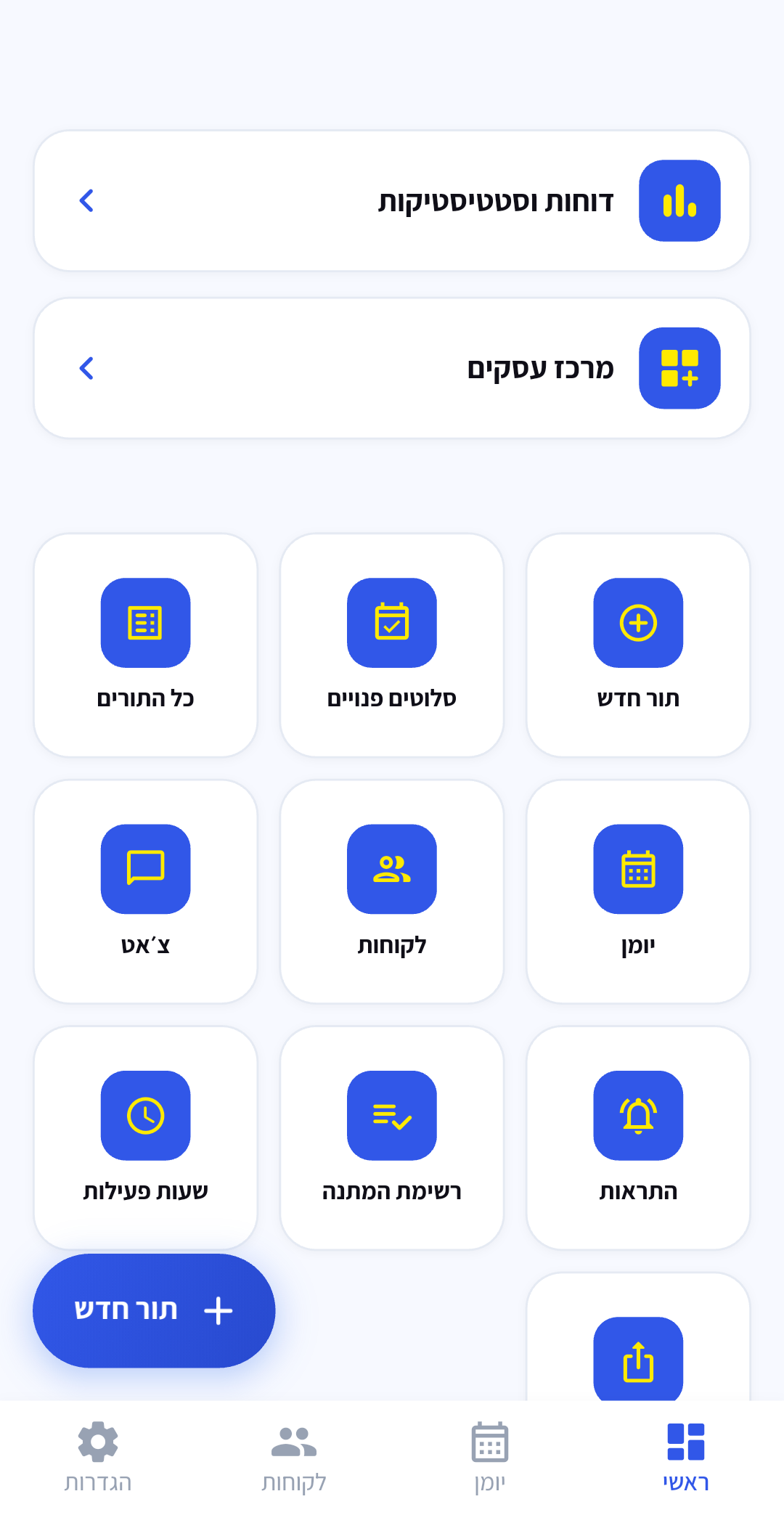 גישה מהירה לפעולות היומיום, ליומן, ללקוחות ולדוחות